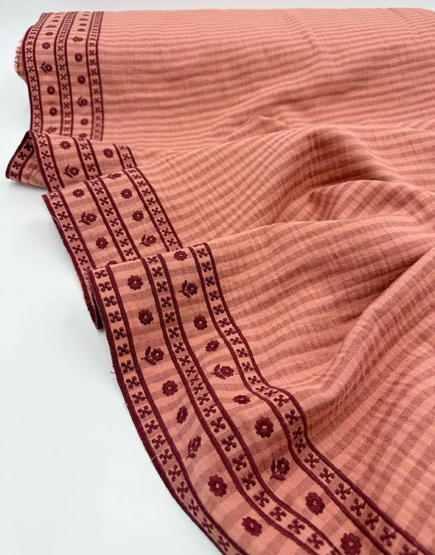 Peach Stripe & Floral Border Embroidered Double Gauze Fabric