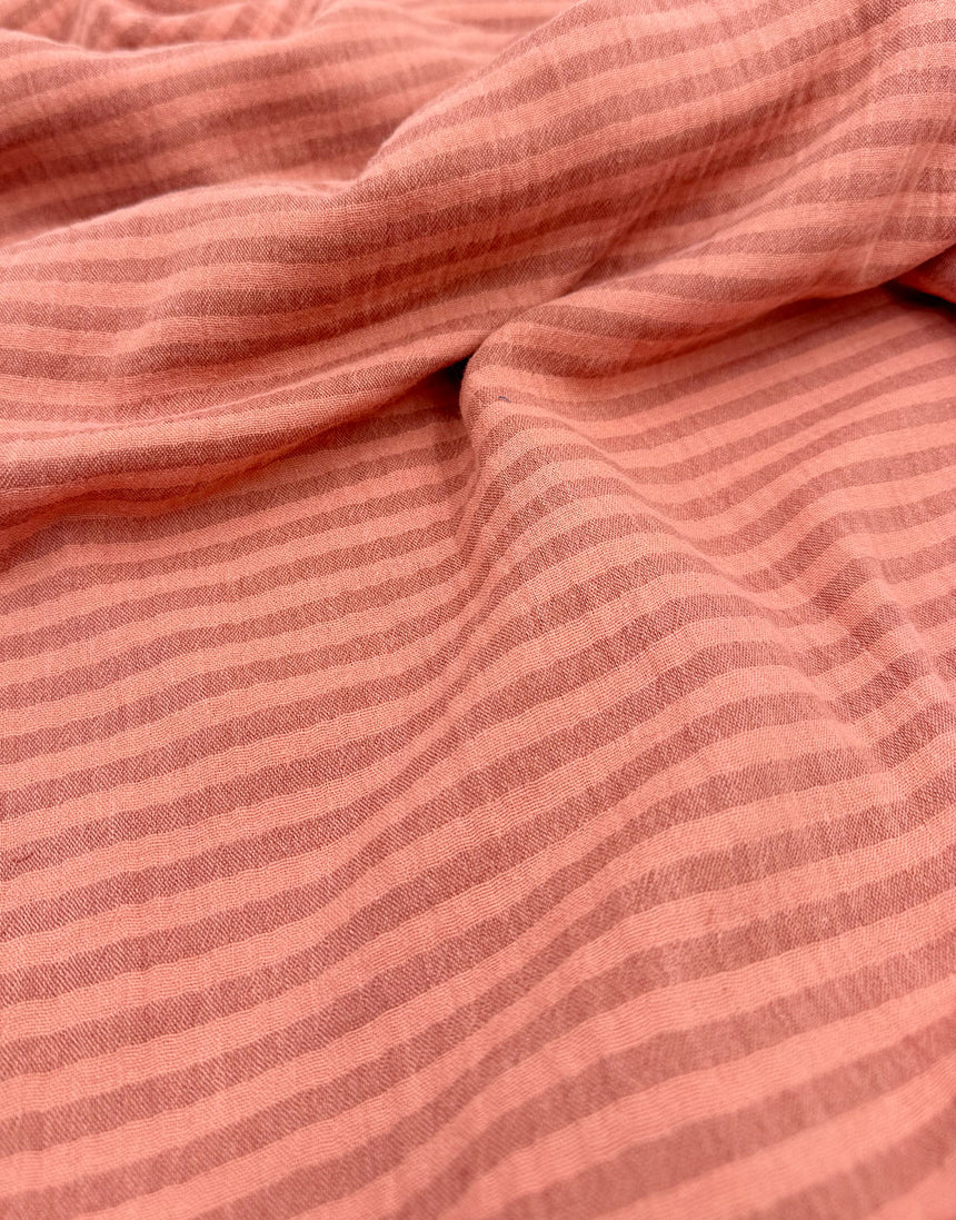 Peach Stripe & Floral Border Embroidered Double Gauze Fabric