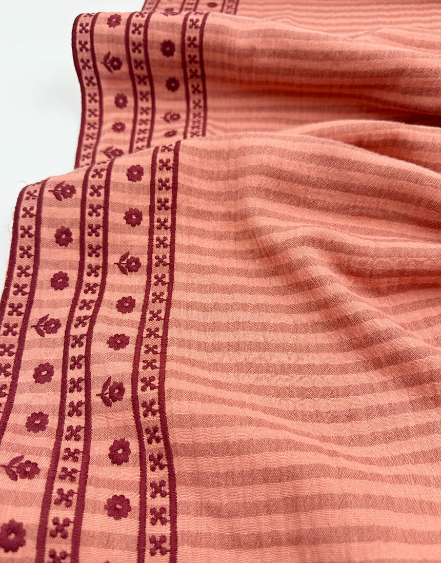 Peach Stripe & Floral Border Embroidered Double Gauze Fabric