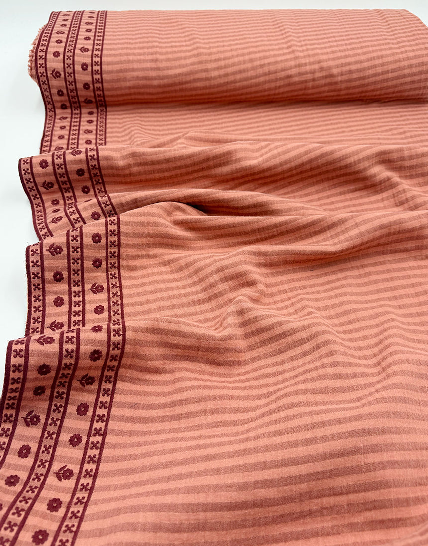 Peach Stripe & Floral Border Embroidered Double Gauze Fabric
