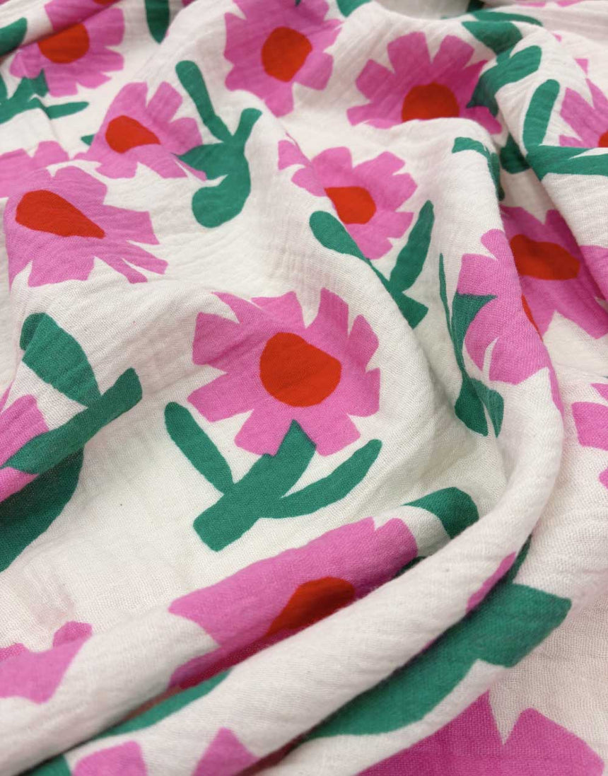 Pink Flower Pop Organic Cotton Double Gauze Fabric, Jennifer Bouron