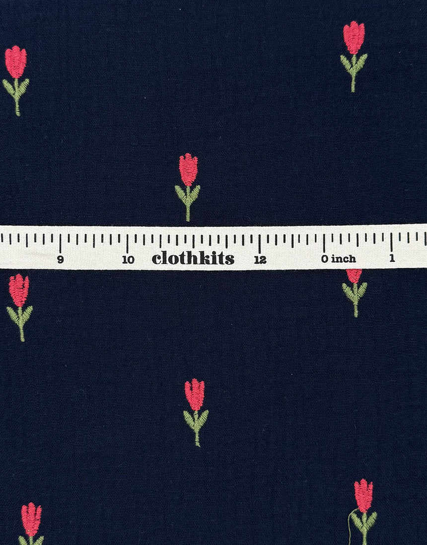 Tulip Navy Embroidered Cotton Double Gauze Fabric