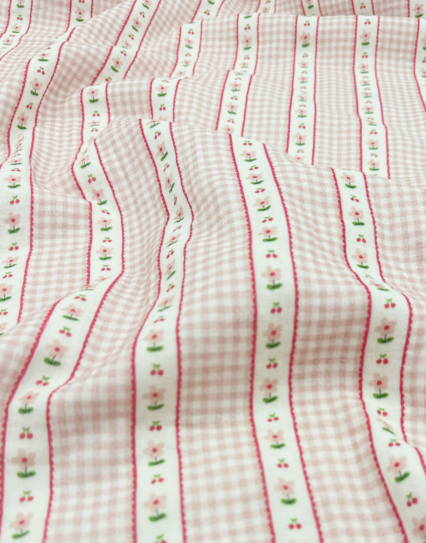Soft Pink Cherry Blossom Stripe Double Gauze Fabric