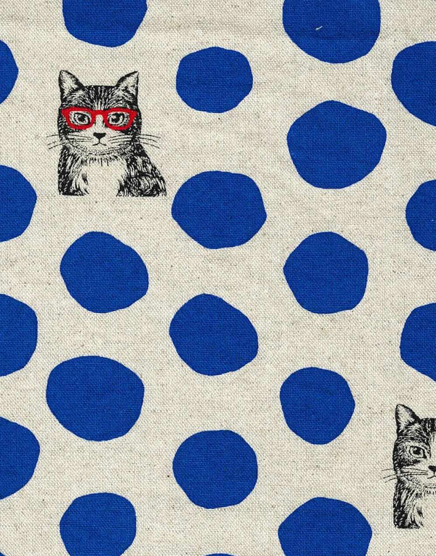 Blue NekoNoe Cat Dot Japanese Cotton Linen Fabric, Echino