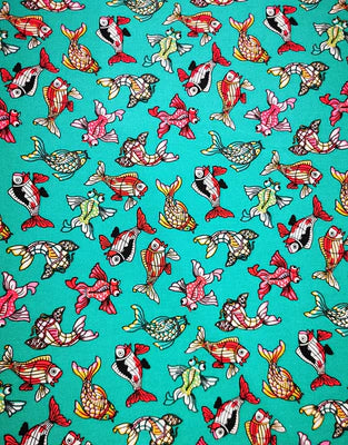 Remnant 1.9m - Turquoise Fish Printed Cotton Poplin Fabric