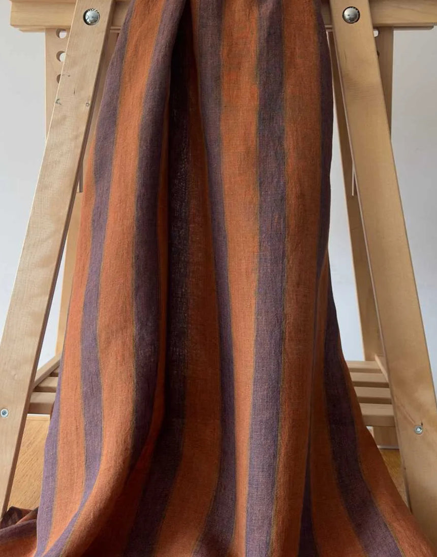 Napoli Linen Broad Stripe Fabric, Orange & Plum