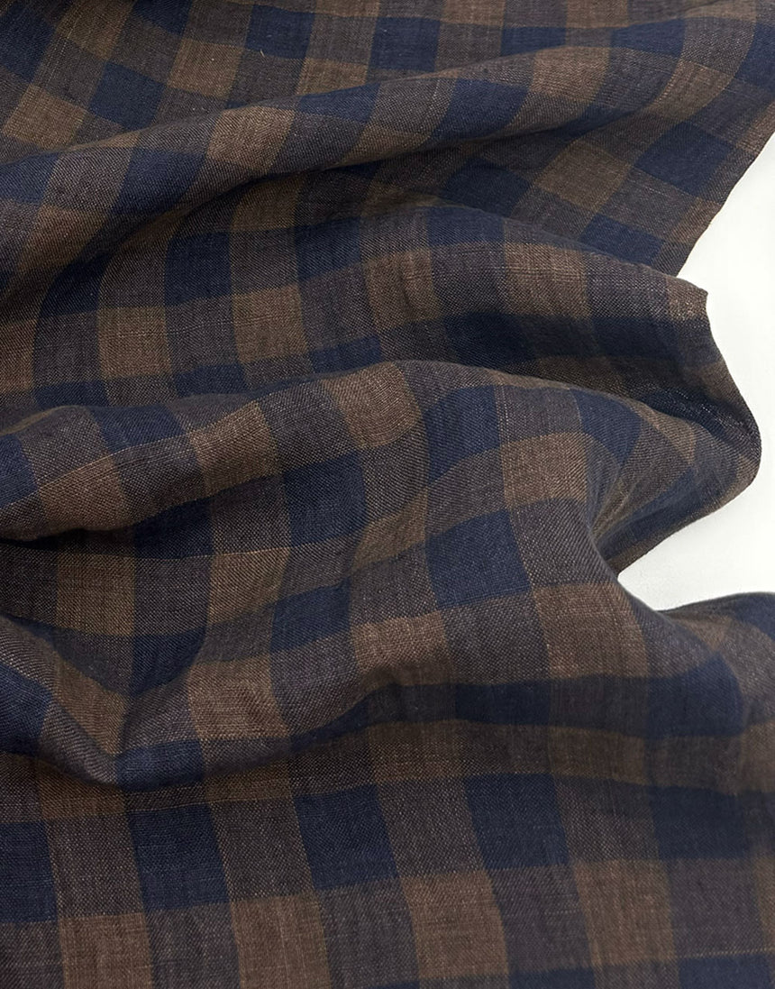 Tropea Washed Linen Check Fabric, Tobacco & Navy