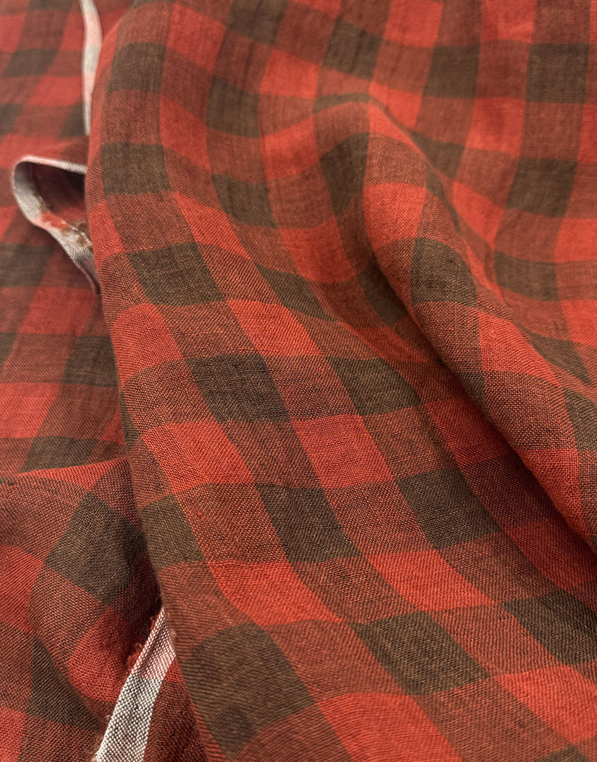 Tropea Washed Linen Check Fabric, Tobacco & Red