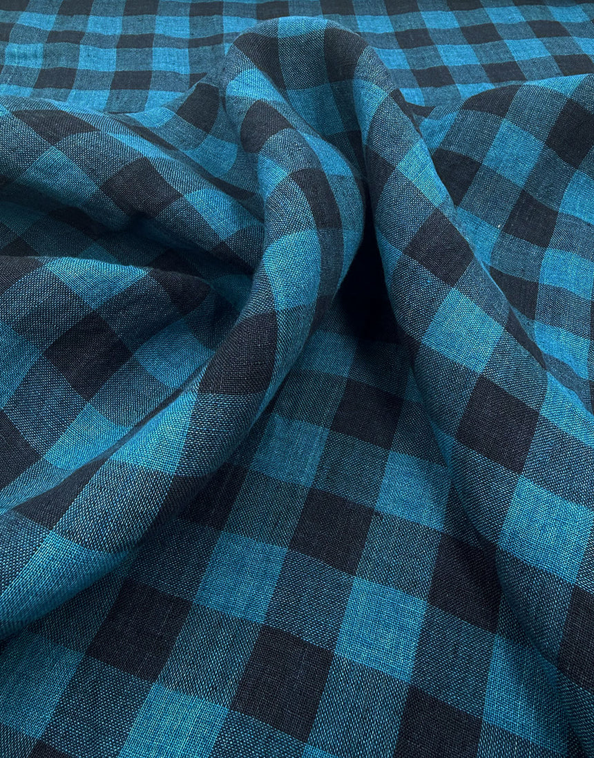 Tropea Washed Linen Check Fabric, Turquoise & Navy