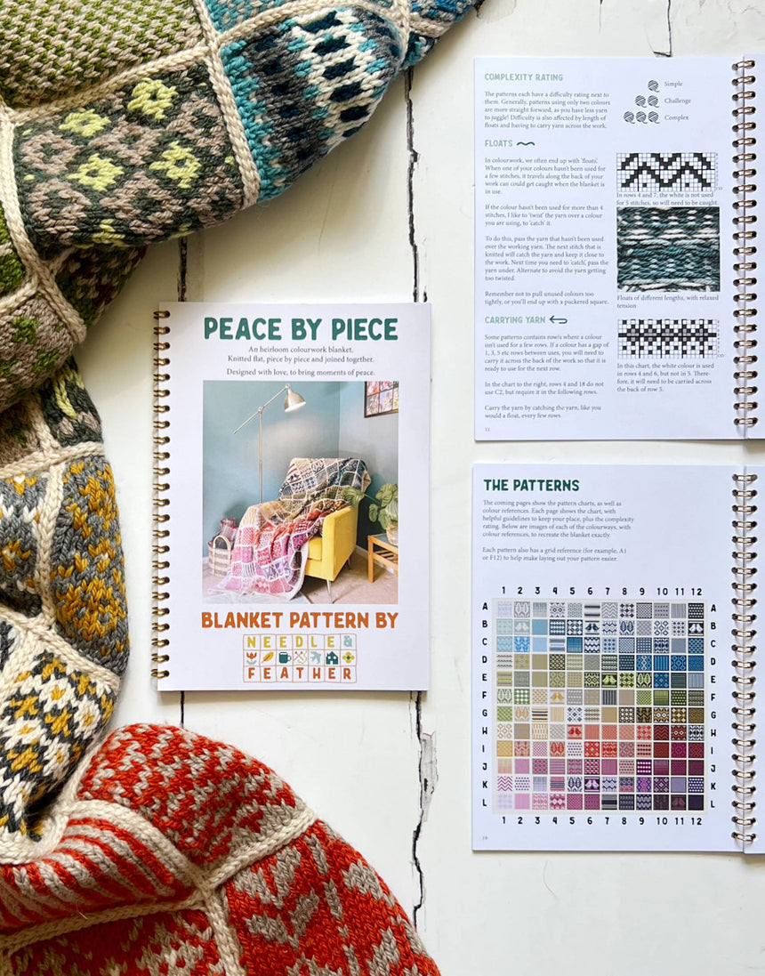 Peace By Piece Blanket knitting pattern, Needle & Feather
