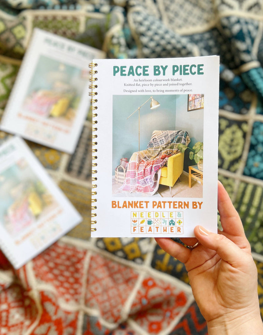 Peace By Piece Blanket knitting pattern, Needle & Feather