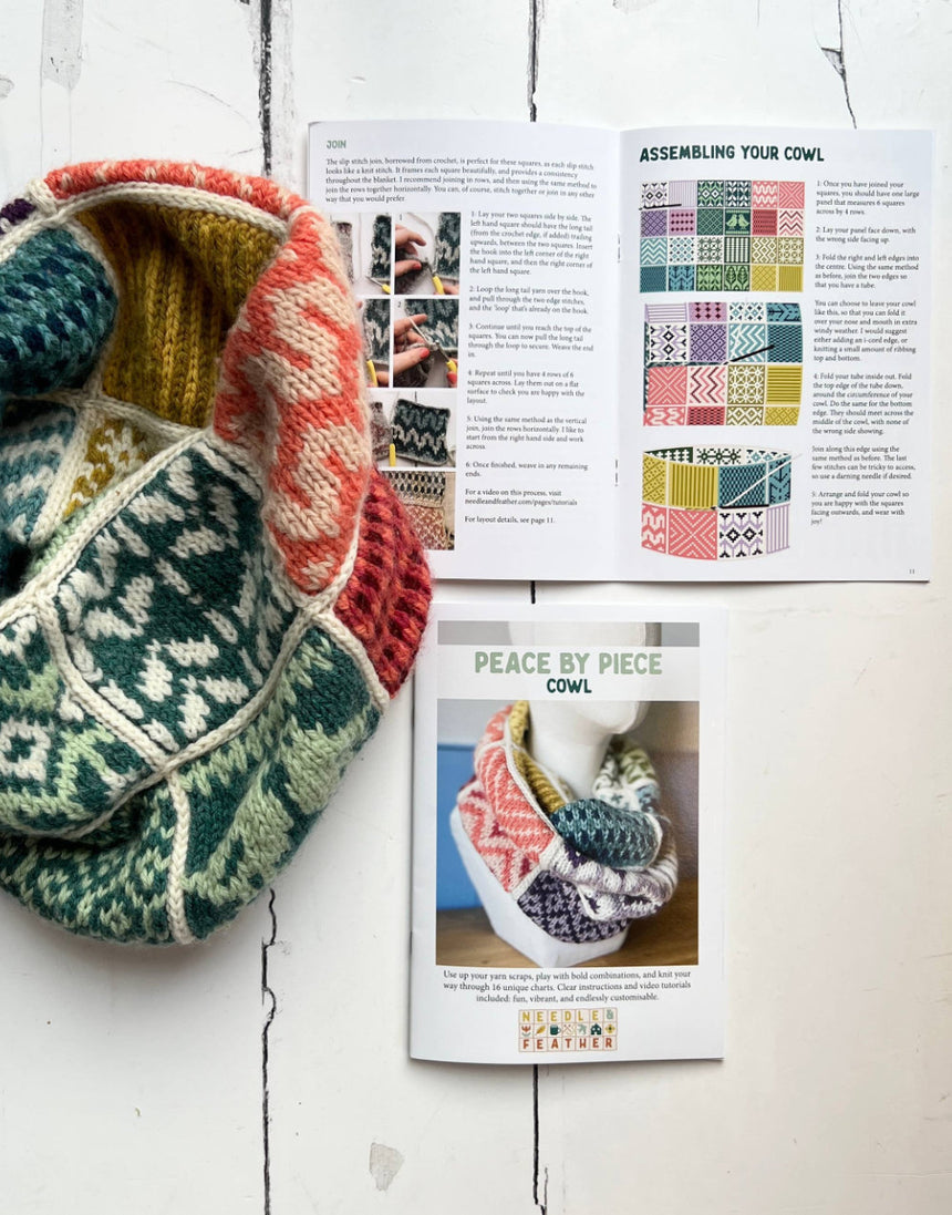 Peace By Piece Cowl knitting pattern, Needle & Feather