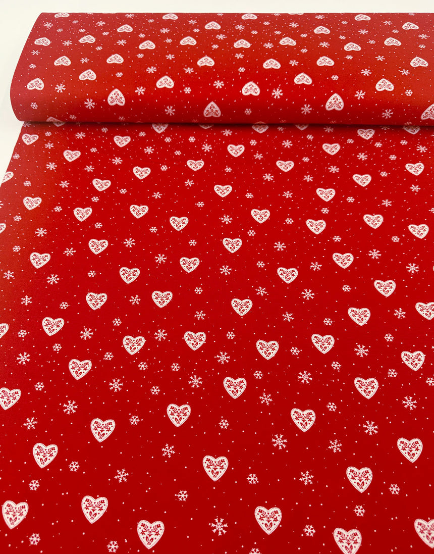 Red Hearts & Snowflakes Scandinavian Christmas Cotton Fabric