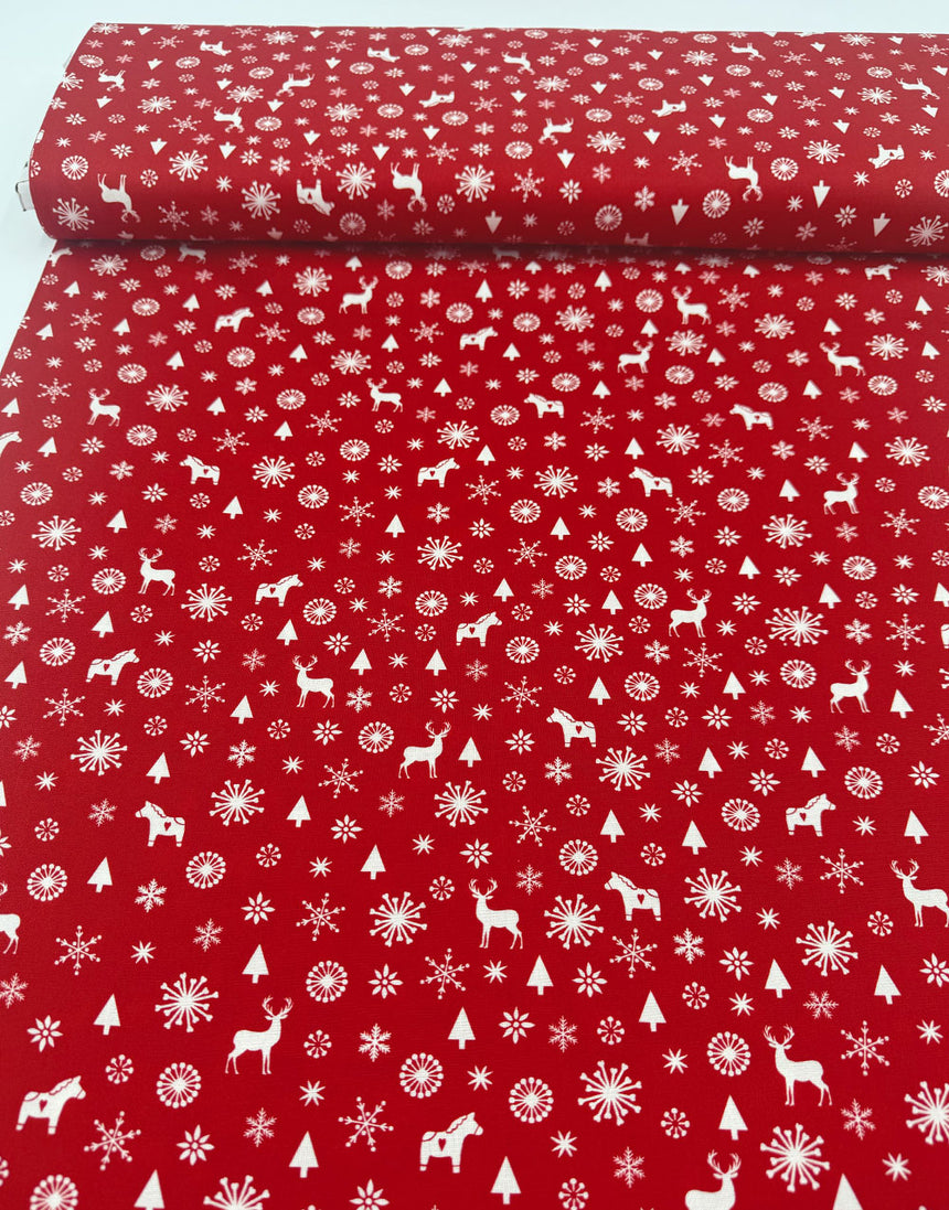 Red Reindeer & Trees Scandinavian Christmas Cotton Fabric