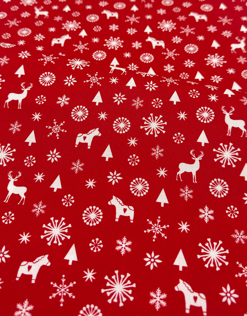 Red Reindeer & Trees Scandinavian Christmas Cotton Fabric