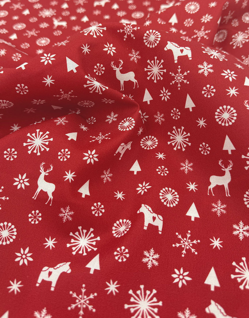 Red Reindeer & Trees Scandinavian Christmas Cotton Fabric