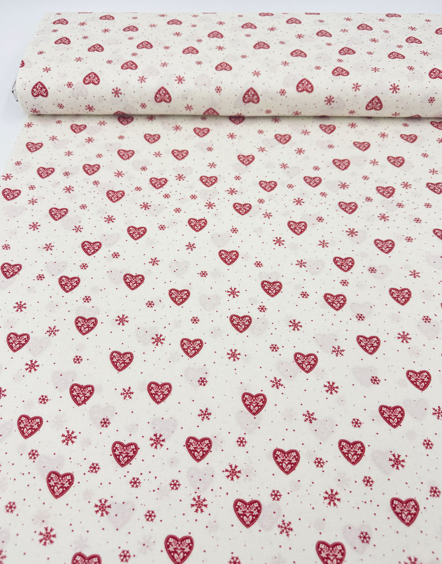 White Hearts & Snowflakes Scandinavian Christmas Cotton Fabric