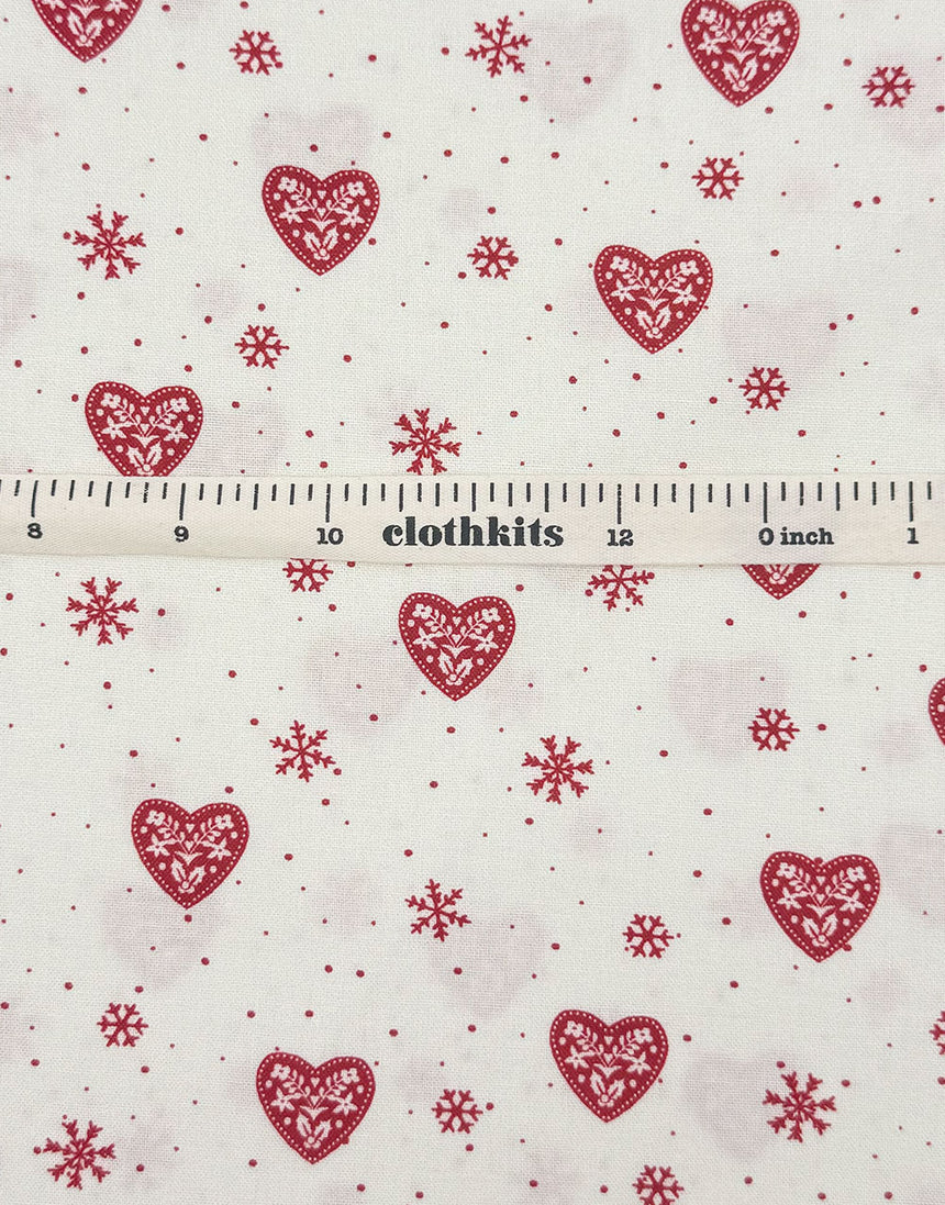 White Hearts & Snowflakes Scandinavian Christmas Cotton Fabric
