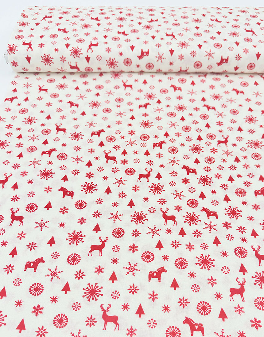 White Reindeer & Trees Scandinavian Christmas Cotton Fabric