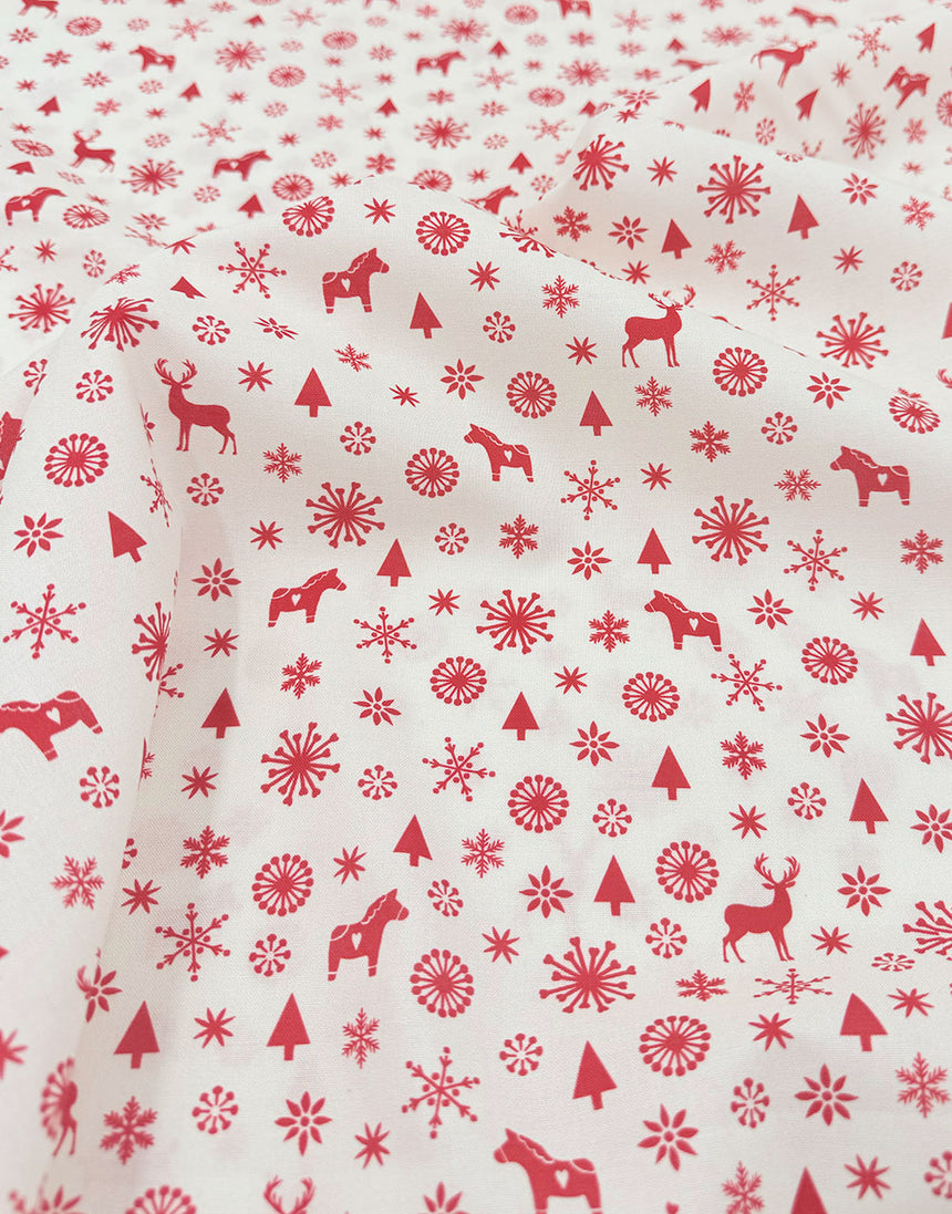 White Reindeer & Trees Scandinavian Christmas Cotton Fabric