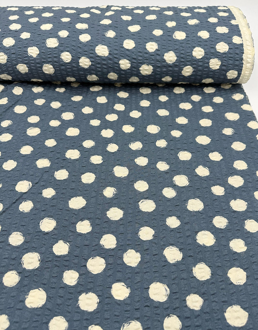 Sevenberry Japanese Ripple Seersucker Cotton Fabric - Blue Spotty