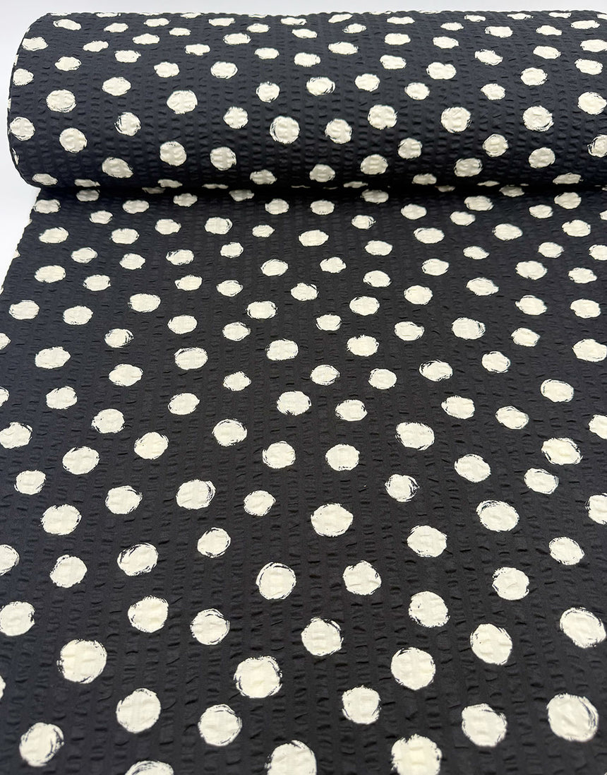 Sevenberry Japanese Ripple Seersucker Cotton Fabric - Black Spotty