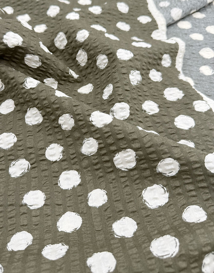 Sevenberry Japanese Ripple Seersucker Cotton Fabric - Khaki Spotty