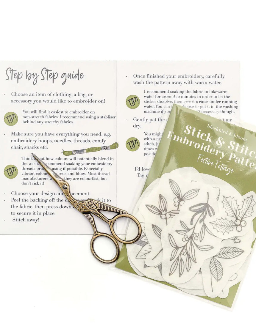 Festive Foliage Stick & Stitch Embroidery Patterns, Blackbird & Bloom