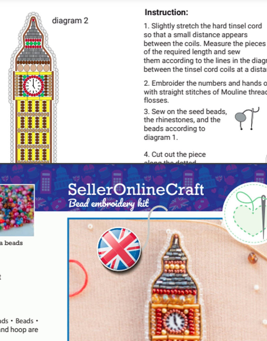 UK Themed Beaded Embroidery Brooch Kit, Set of 5