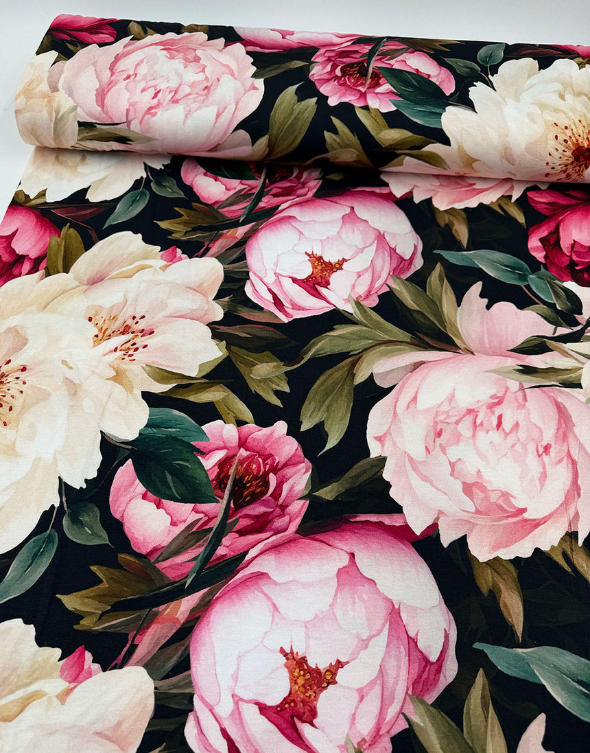 Midnight Peony Bloom EcoVero Viscose Jersey Fabric