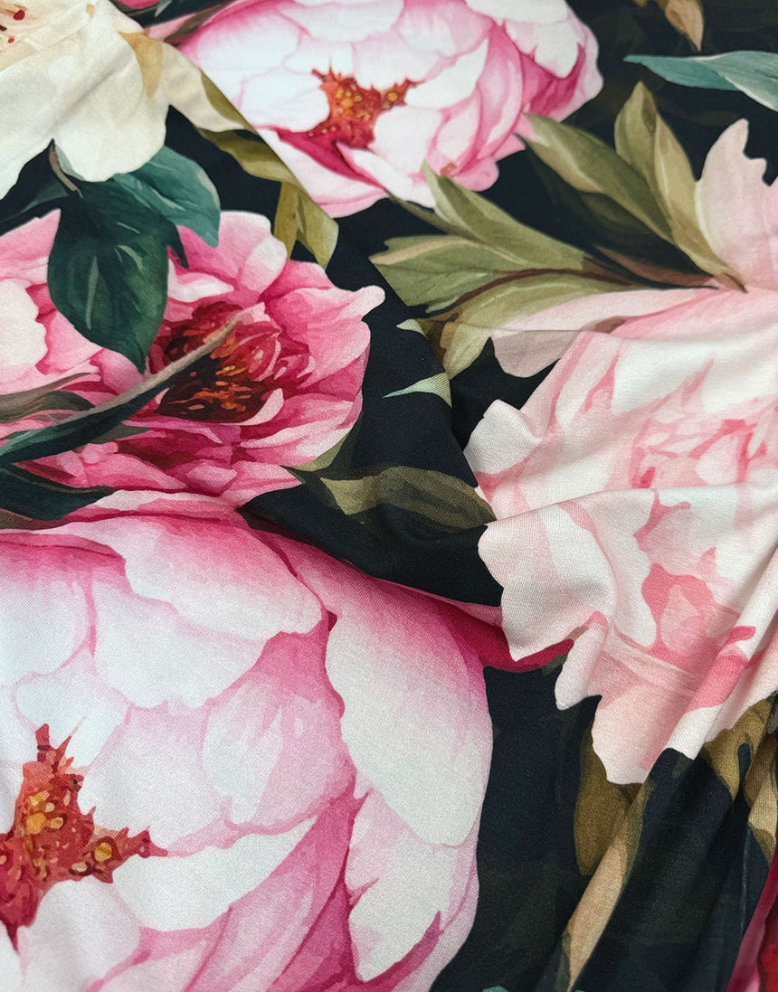 Midnight Peony Bloom EcoVero Viscose Jersey Fabric