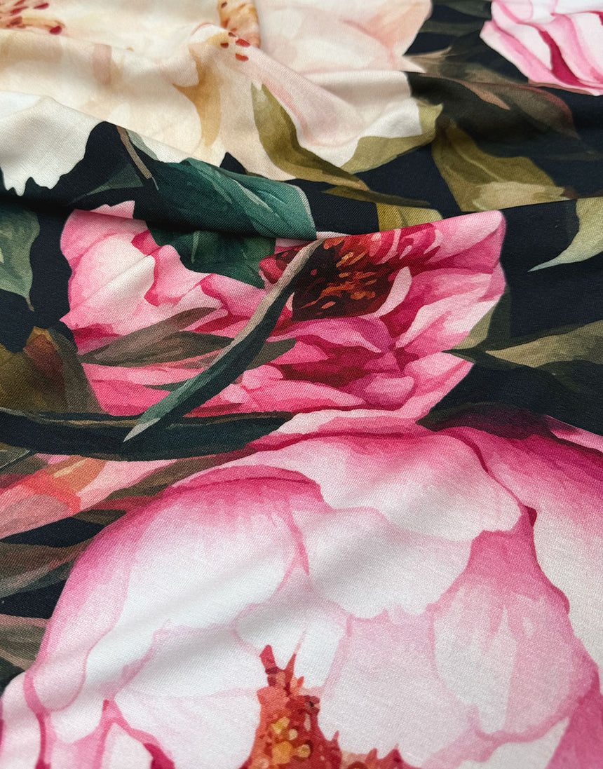 Midnight Peony Bloom EcoVero Viscose Jersey Fabric