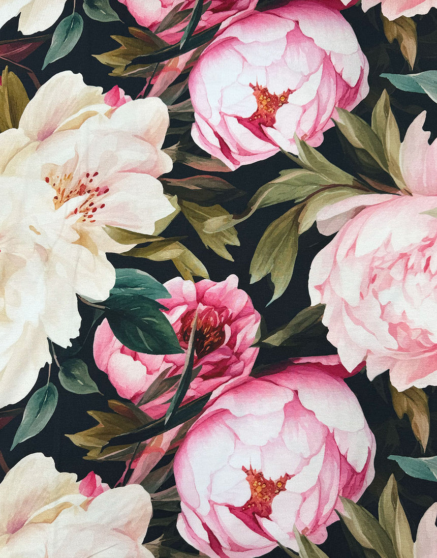 Midnight Peony Bloom EcoVero Viscose Jersey Fabric