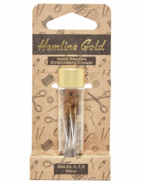 Hemline Gold Needles Embroidery/Crewel Hand Sewing Needles in Glass Tube #3, 5, 7, 9, Hemline Gold 9317385314297 9317385314297
