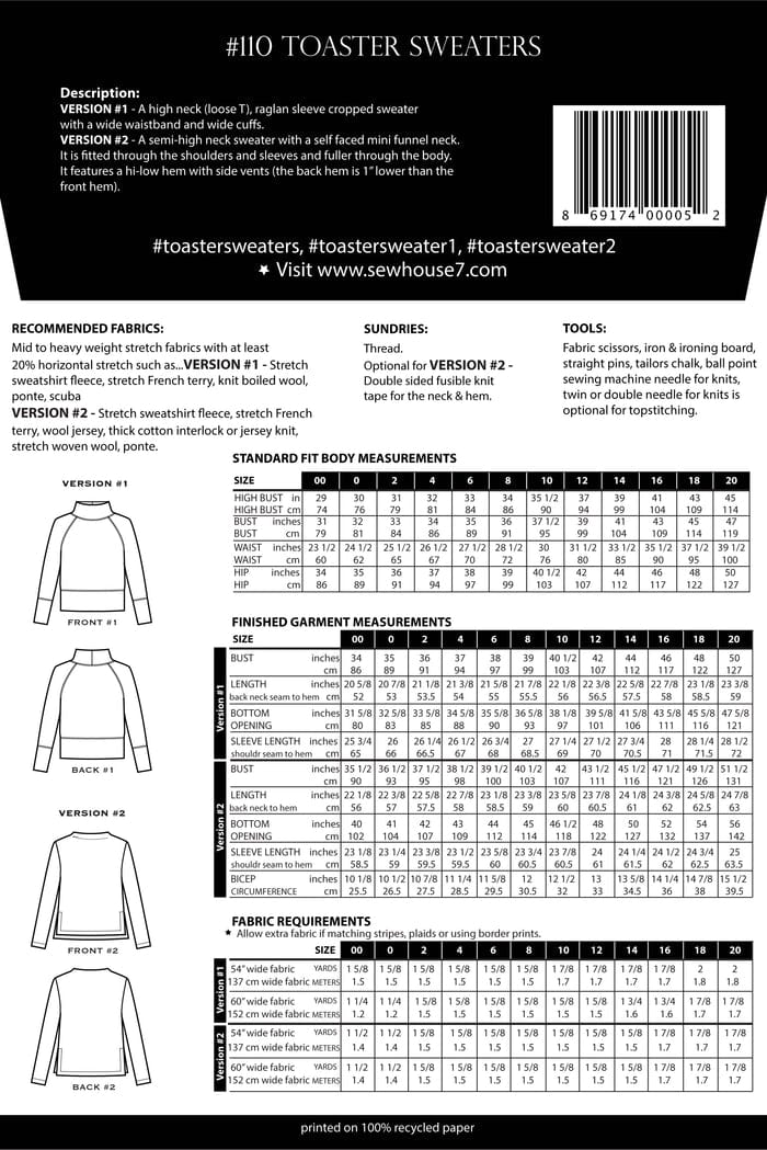 Sew House Seven Tops Shirts & Blouses Toaster Sweaters Sewing Pattern, Sew House Seven 869174000052 869174000052